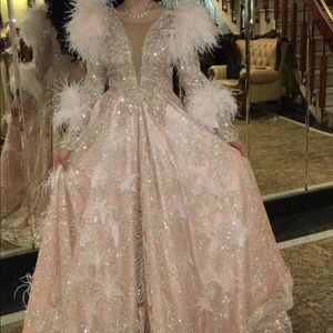 Prom wedding gown dress blush pink couture feather